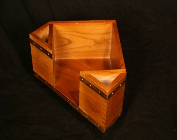 Stained custom wooden napkin holder display with copper banding, available in bulk for manufacturers.